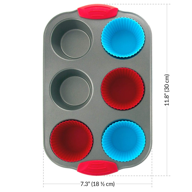 Boxiki Kitchen Non-Stick Steel 6 Cup Muffin Pan with Silicone Handles and Reusable Liners - Perfect for Baking Large Muffins and Cupcakes - Image 3